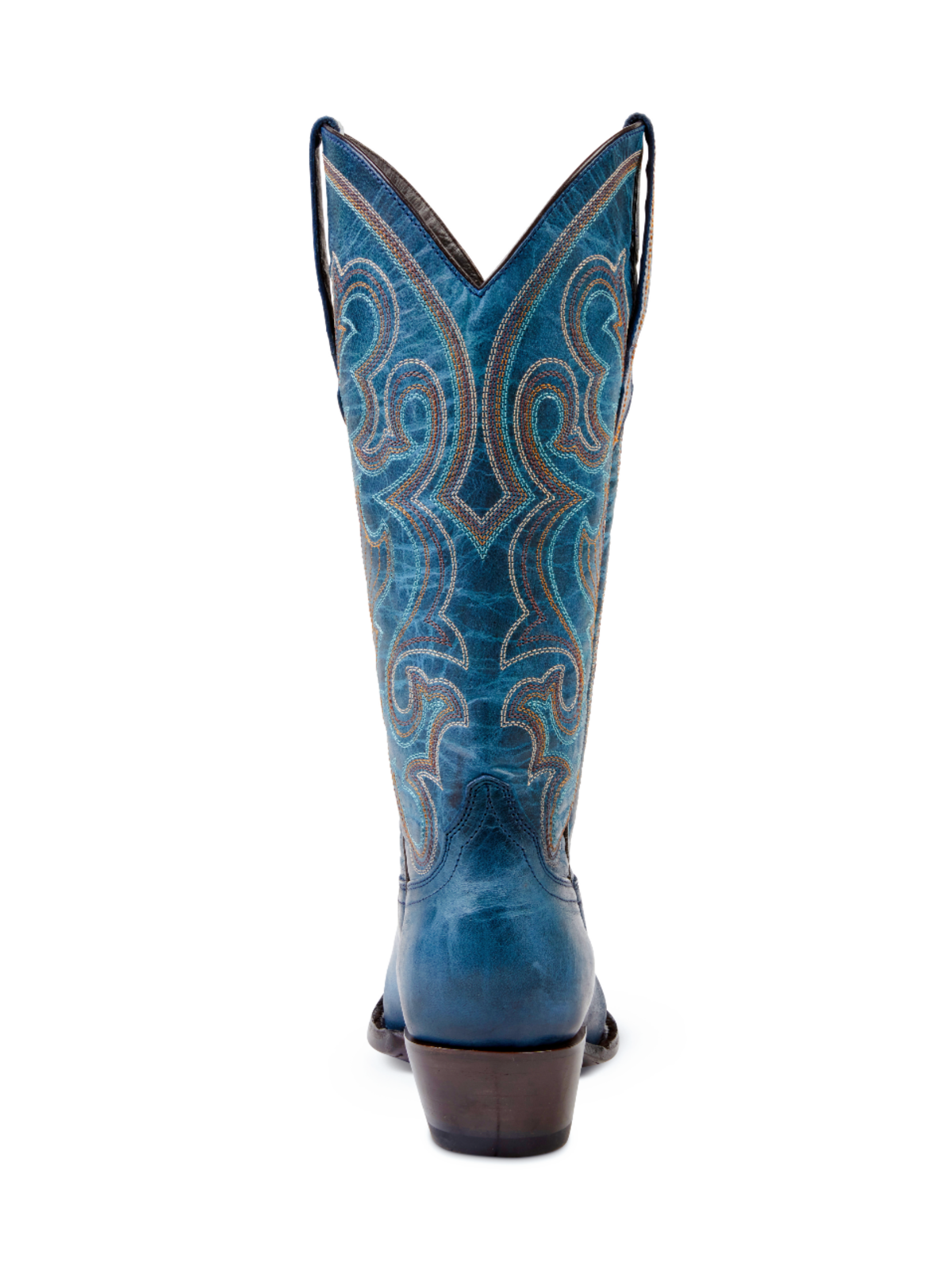 Distressed Blue Embroidery Snip-Toe Wide Mid Calf Tall Cowboy Boots For Women