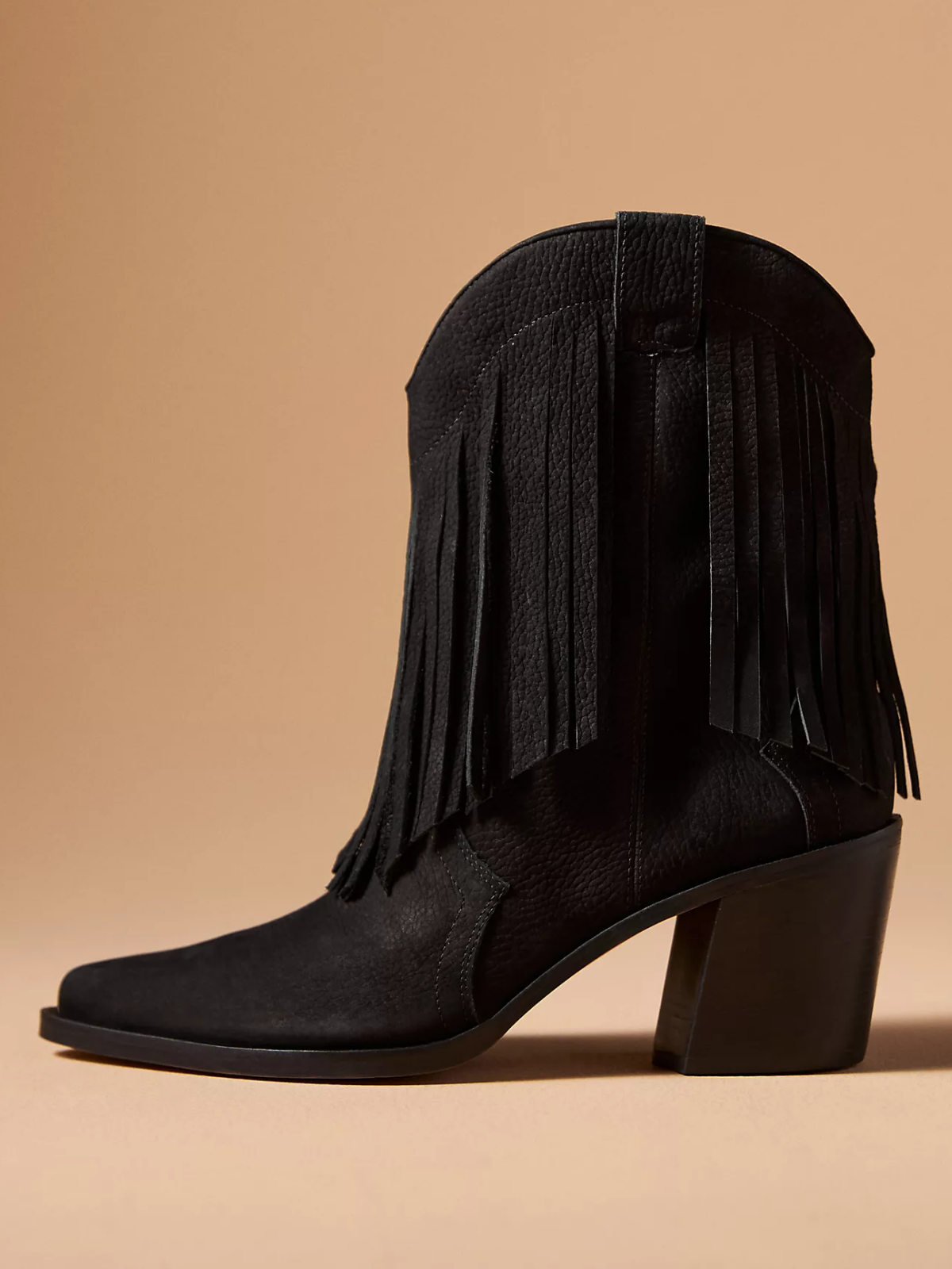 Black Snip-Toe Fringe Wide Mid Calf Western Boots For Women