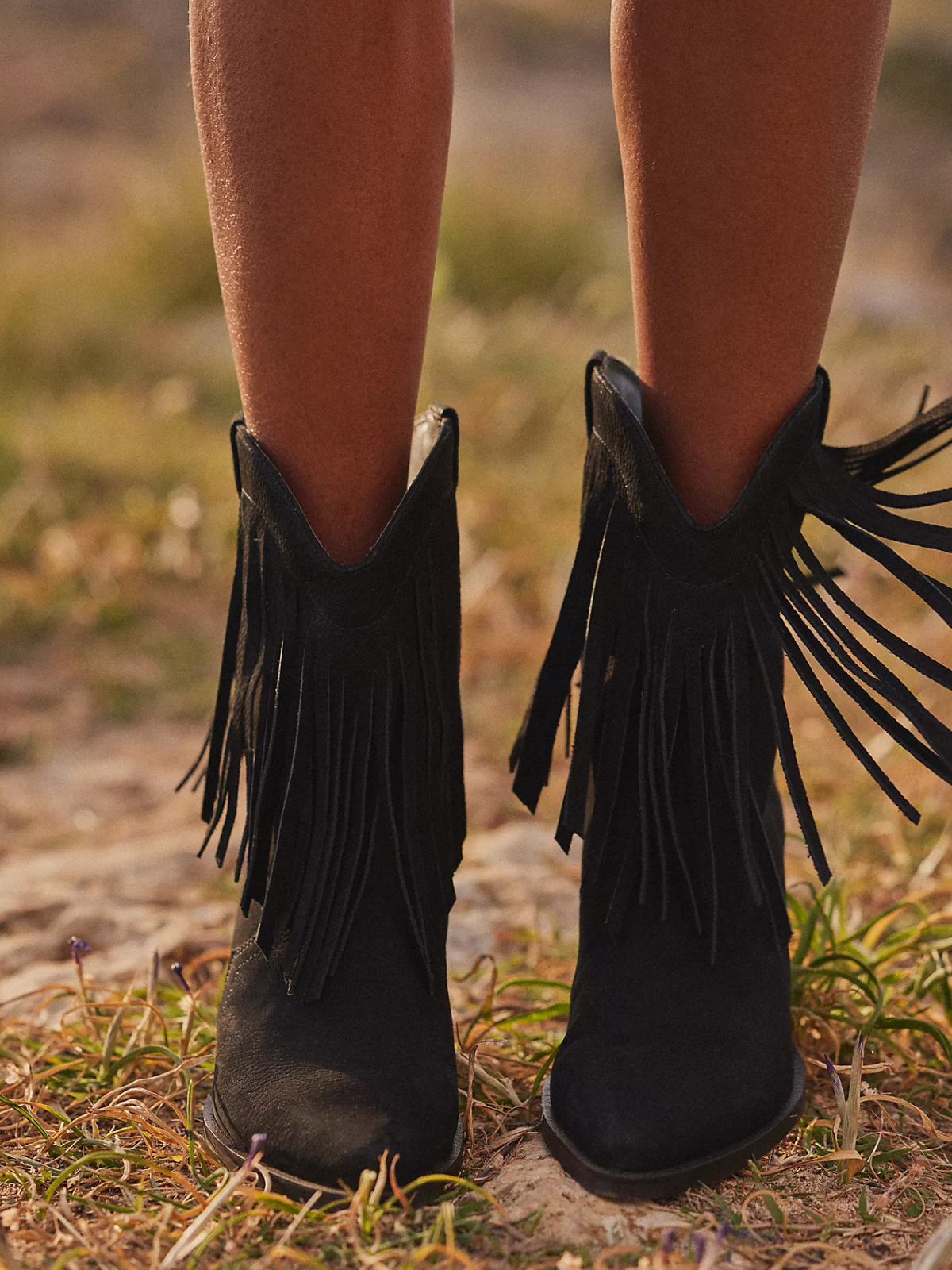 Black Snip-Toe Fringe Wide Mid Calf Western Boots For Women