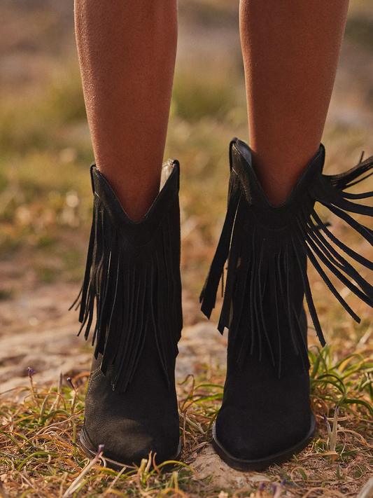 Black Snip-Toe Fringe Wide Mid Calf Western Boots For Women