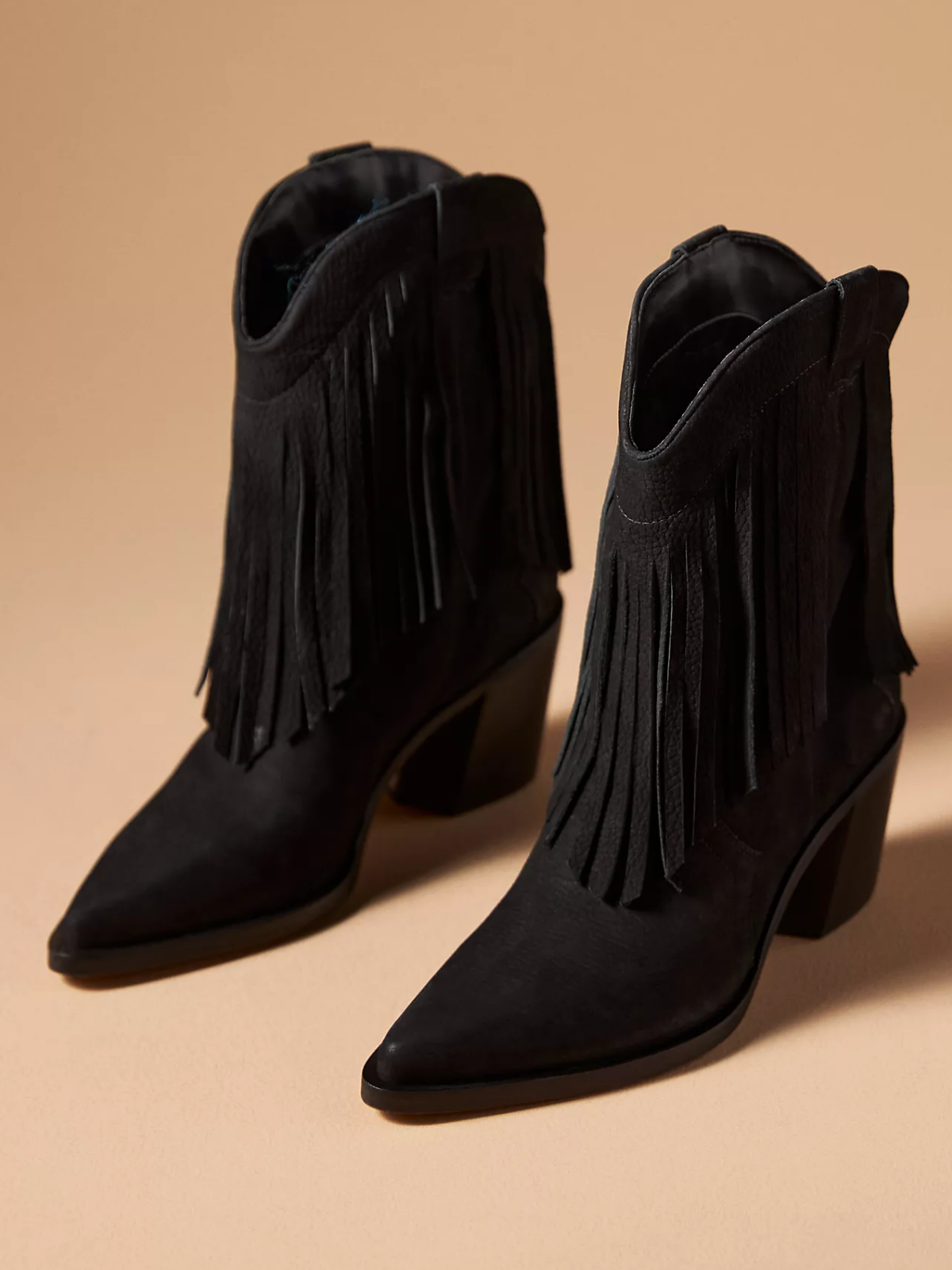 Black Snip-Toe Fringe Wide Mid Calf Western Boots For Women