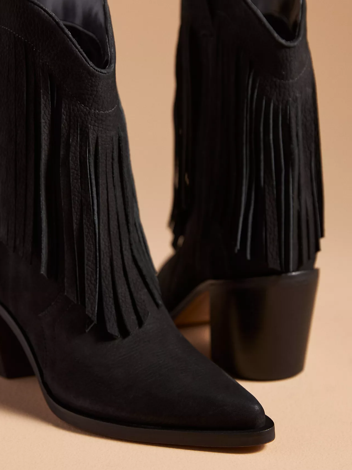 Black Snip-Toe Fringe Wide Mid Calf Western Boots For Women