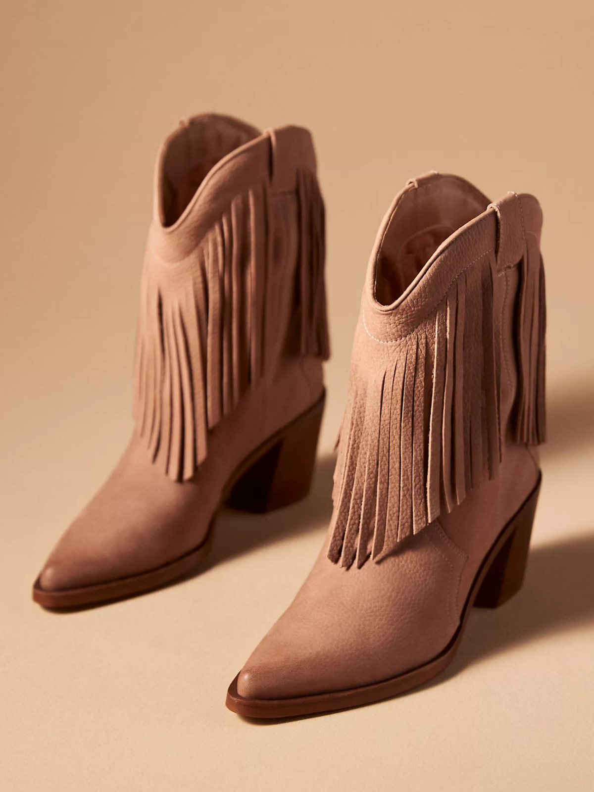 Brown Snip-Toe Fringe Wide Mid Calf Western Boots For Women