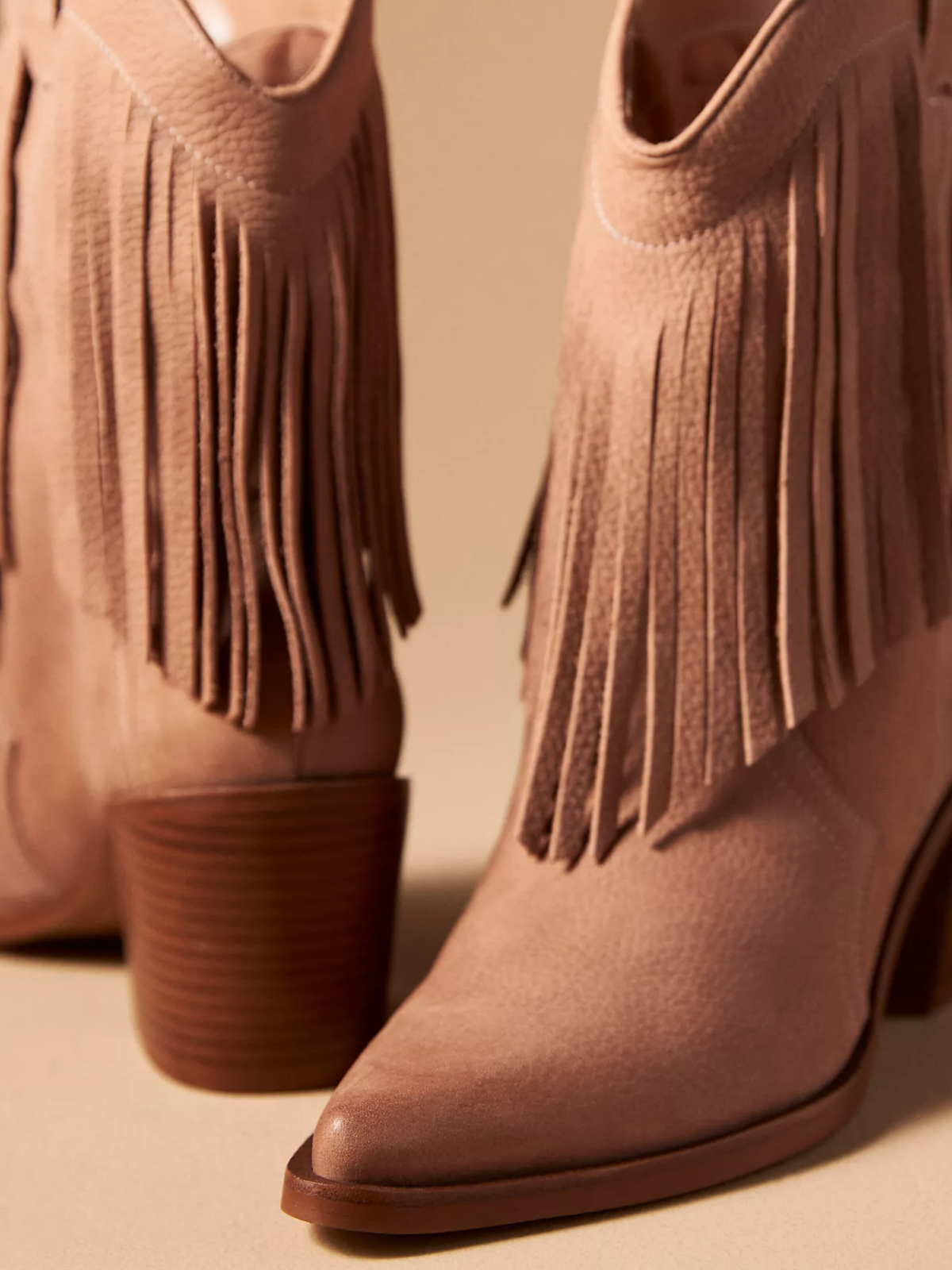 Brown Snip-Toe Fringe Wide Mid Calf Western Boots For Women