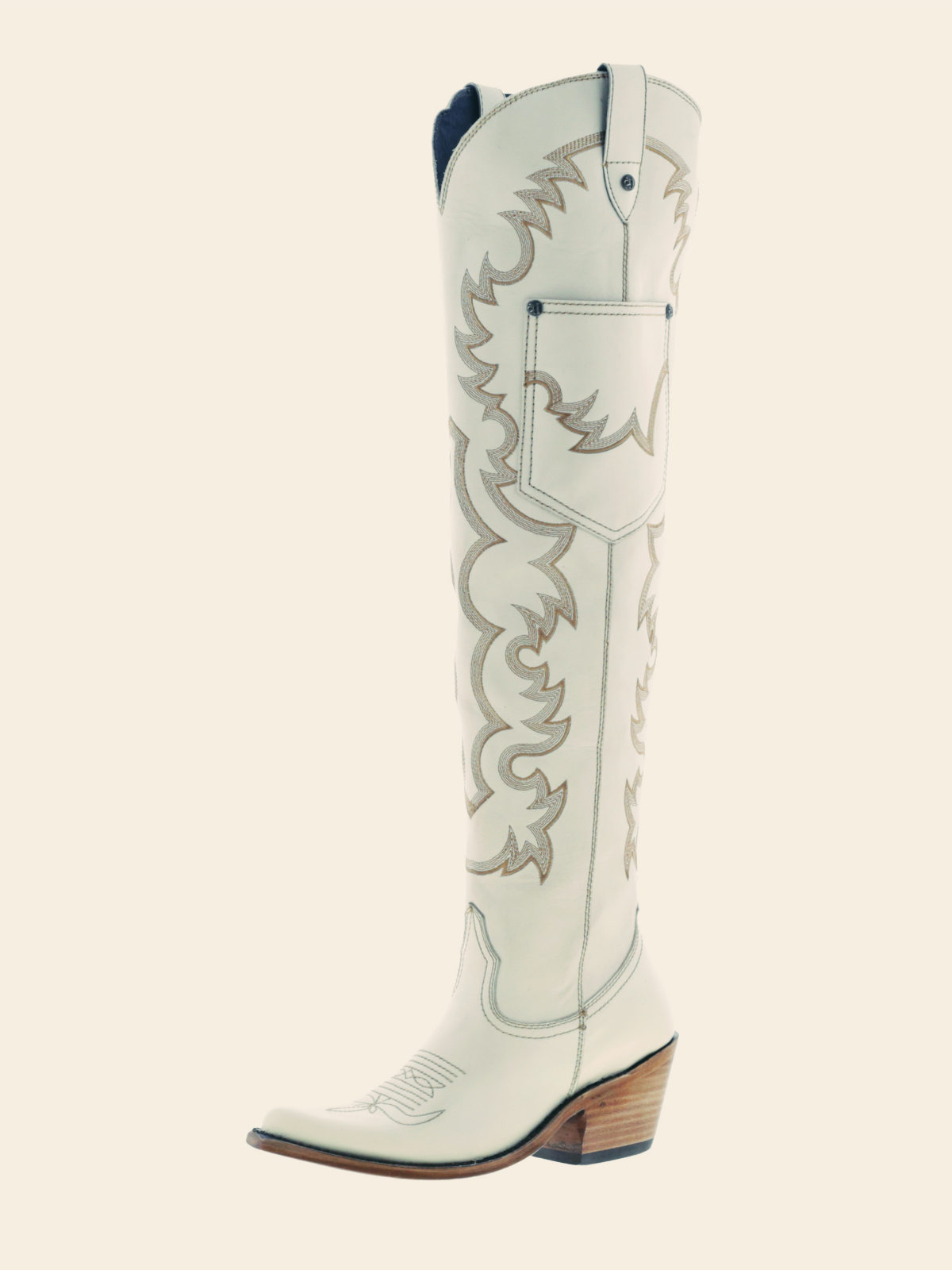 Ivory Embroidery Pointed-Toe Over-The-Knee Western Boots Half-Zip Pocket Cowgirl Boots