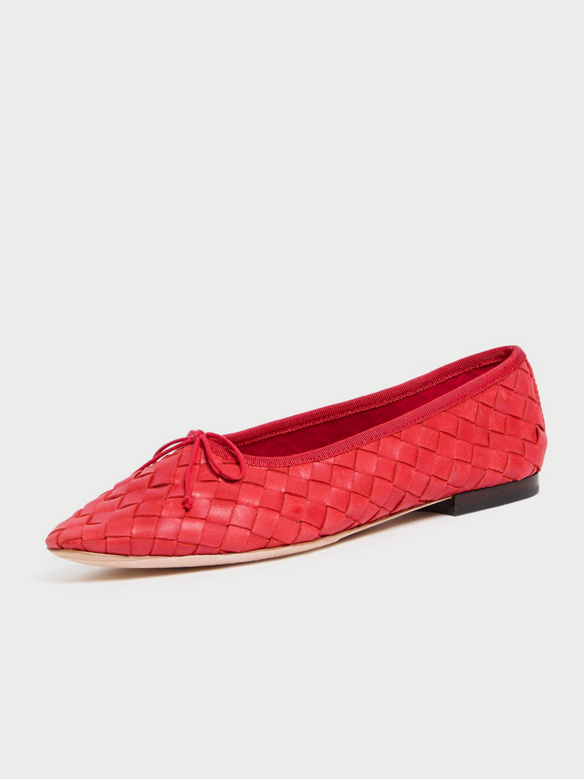 Red Almond-Toe Bow Woven Ballet Flats