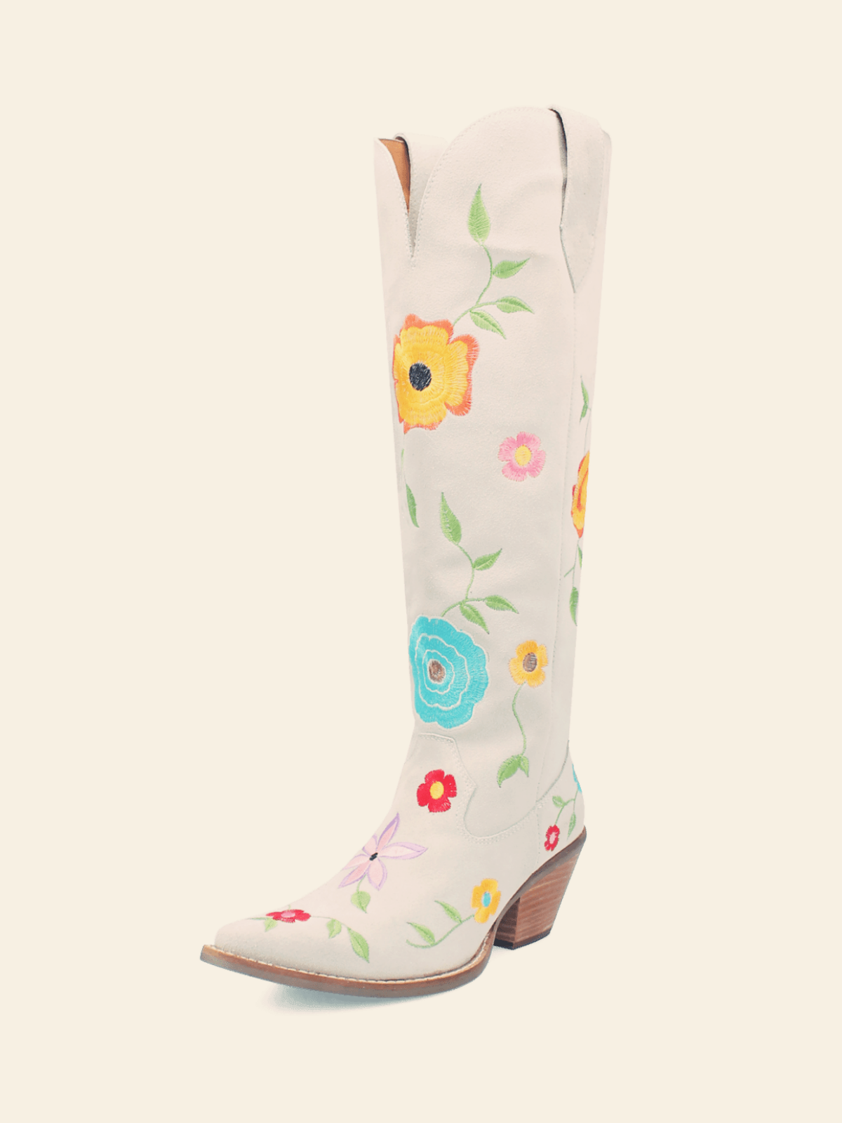 White Flower Embroidery Faux Suede Wide Mid Calf Tall Cowgirl Western Boots