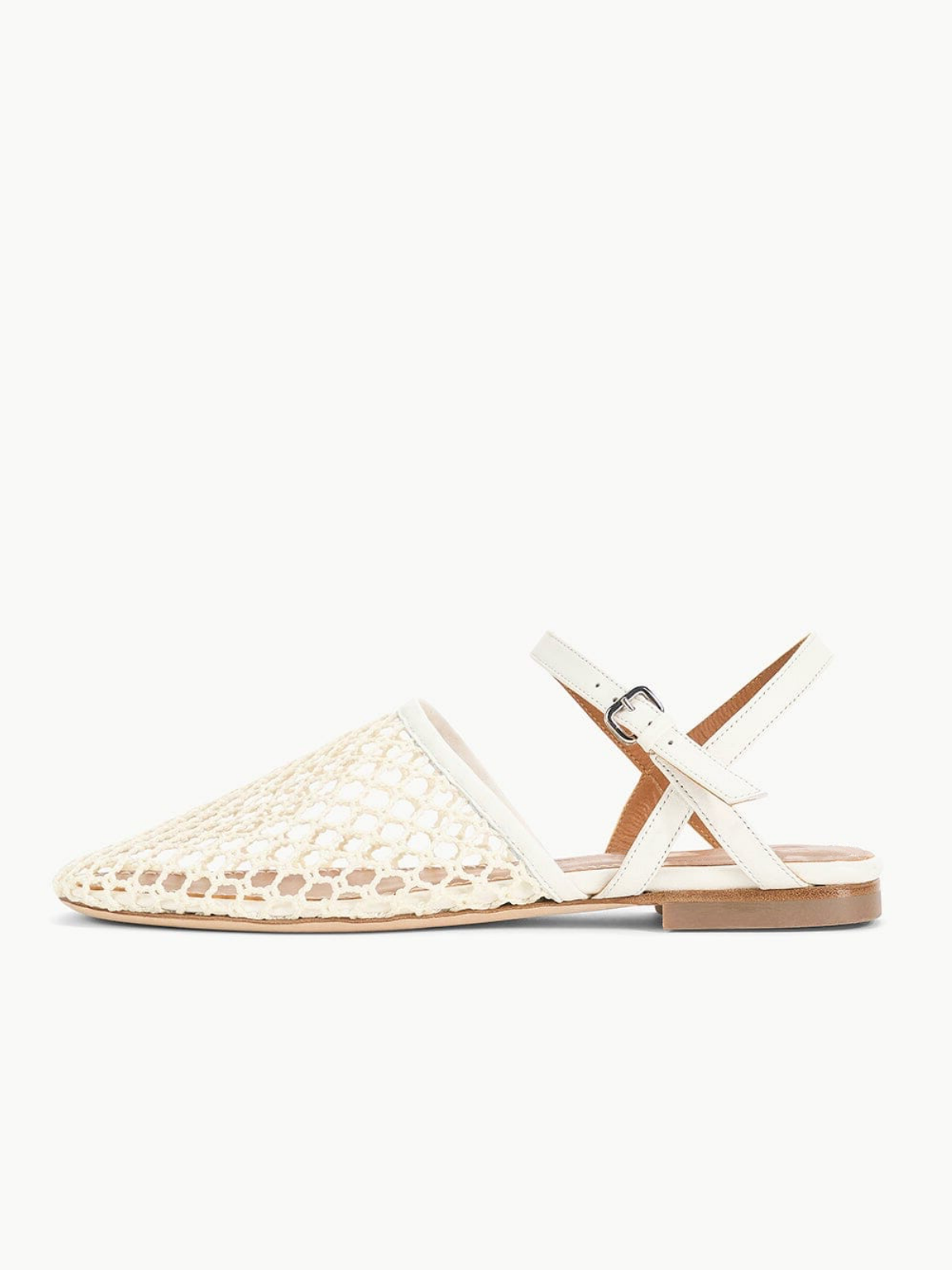 White Netting Square Toe Flats Sandals With Ankle Strap