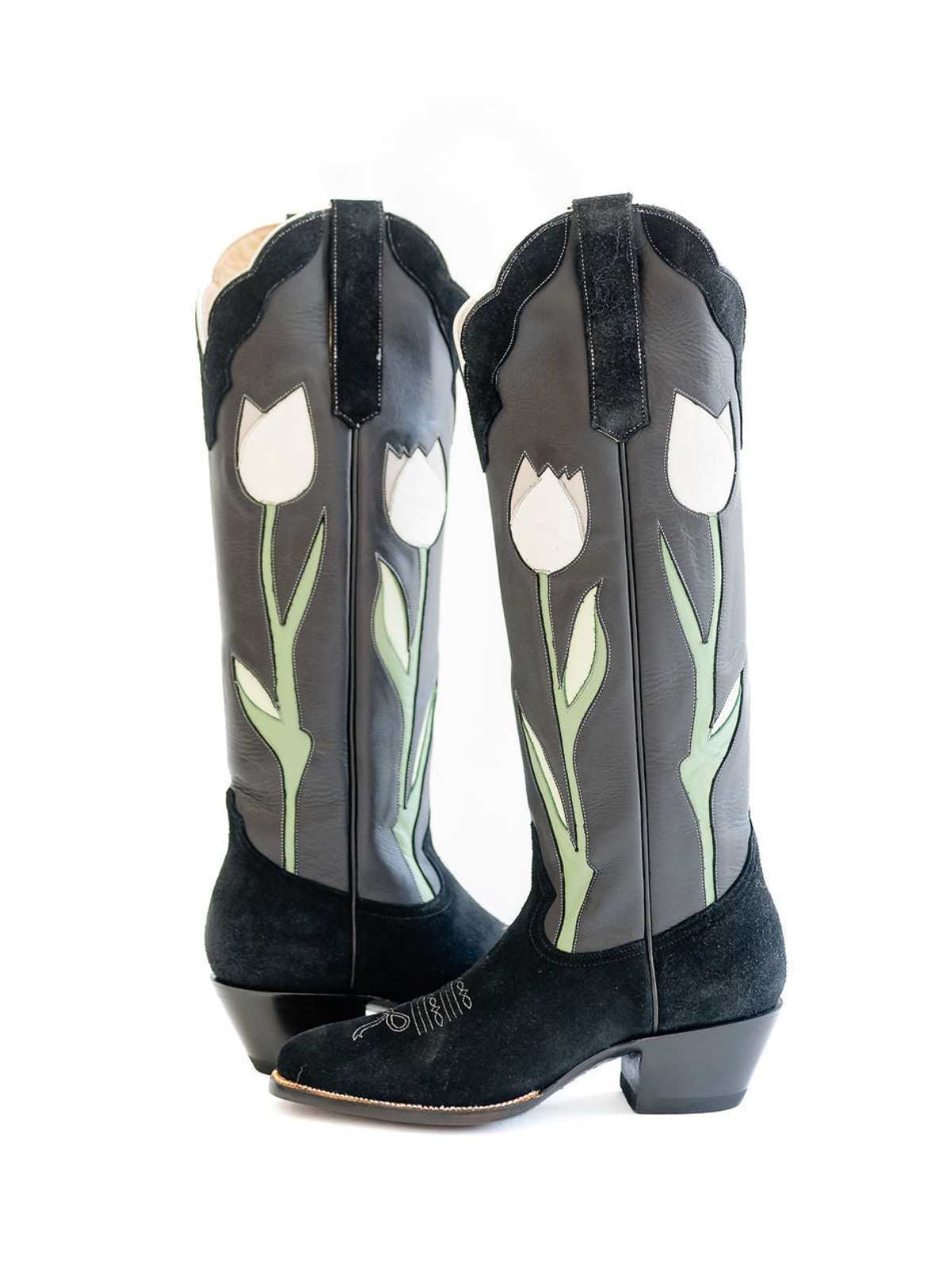 Black Contrast Vegan Leather And Faux Suede Almond-Toe Tulip Inlay Wide Calf Knee High Cowgirl Boots