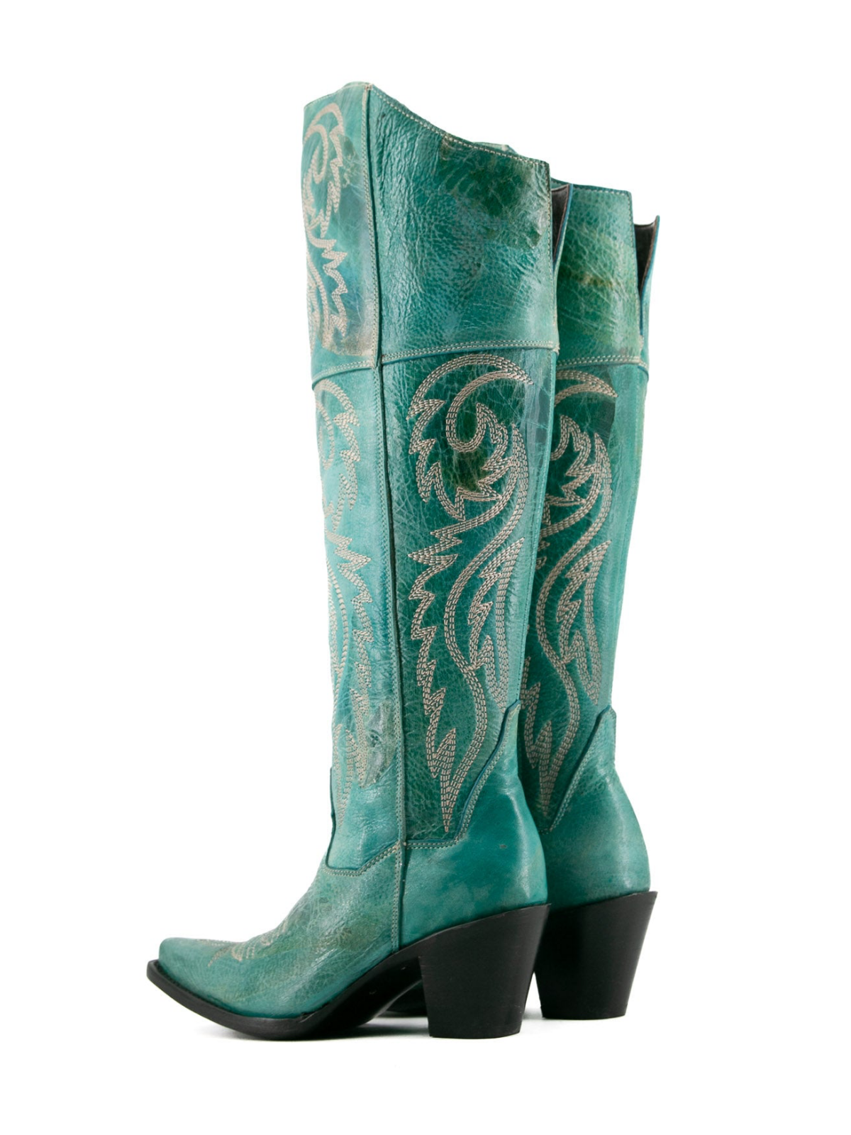 Distressed Snip-Toe Embroidery Tall Half-Zip Knee High Cowgirl Boots - Turquoise