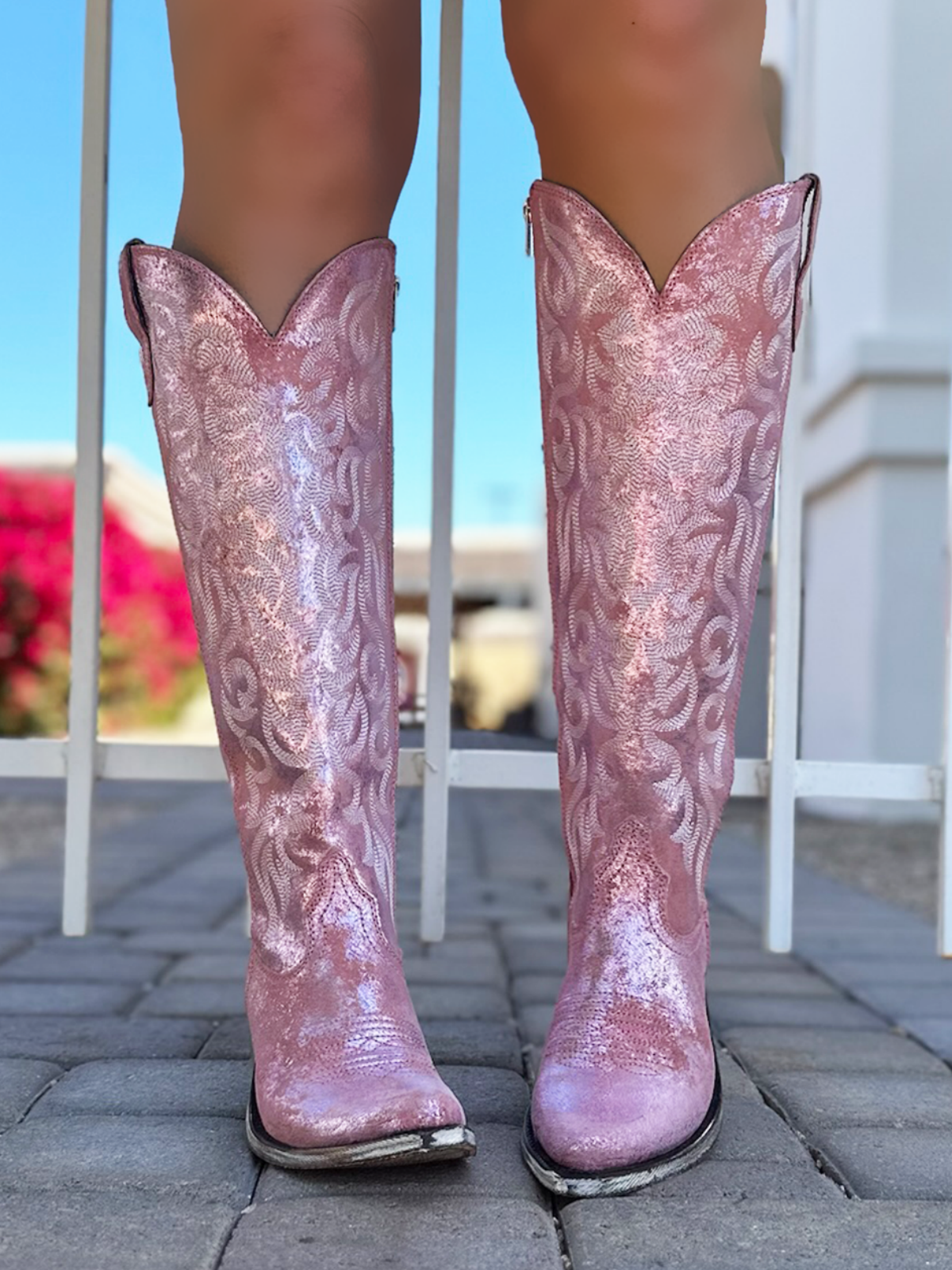 Distressed Metallic Round Pointed-Toe Embroidery Full-Zip Tall Knee High Cowgirl Boots - Pink