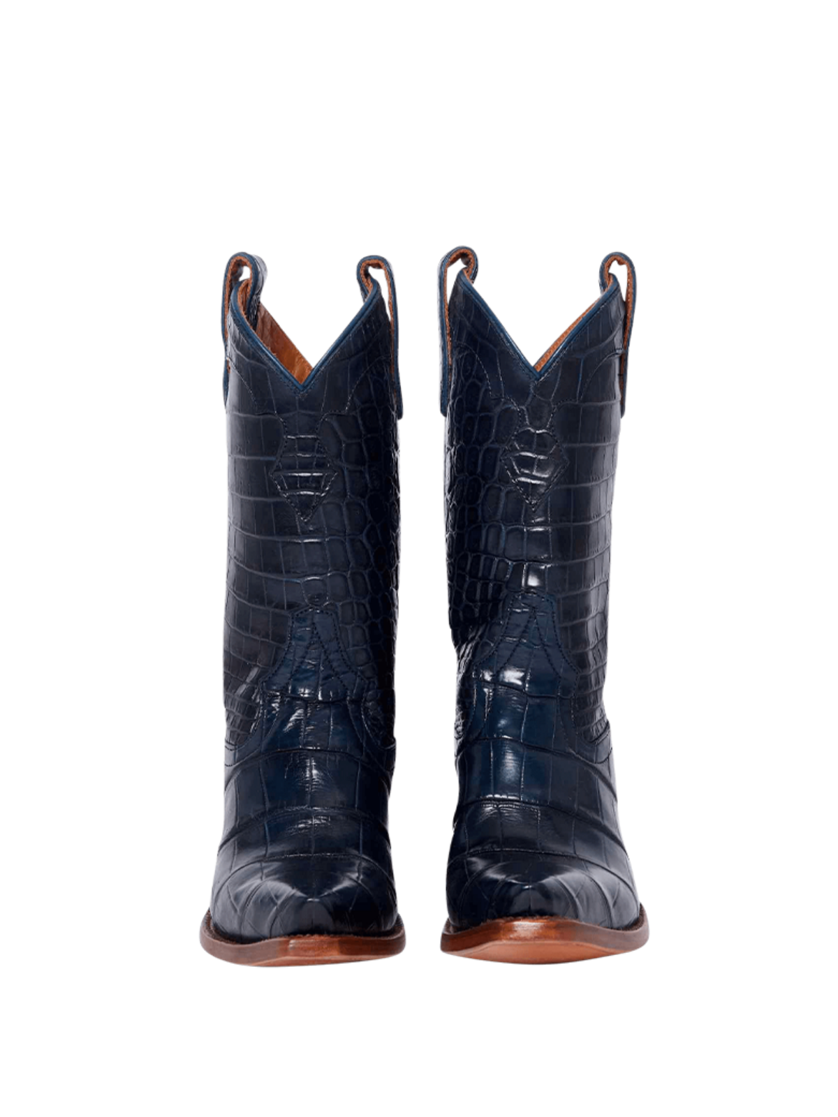 Snip-Toe Wide Mid Calf Cowgirl Boots - Navy Blue Crocodile-Embossed Vegan Leather