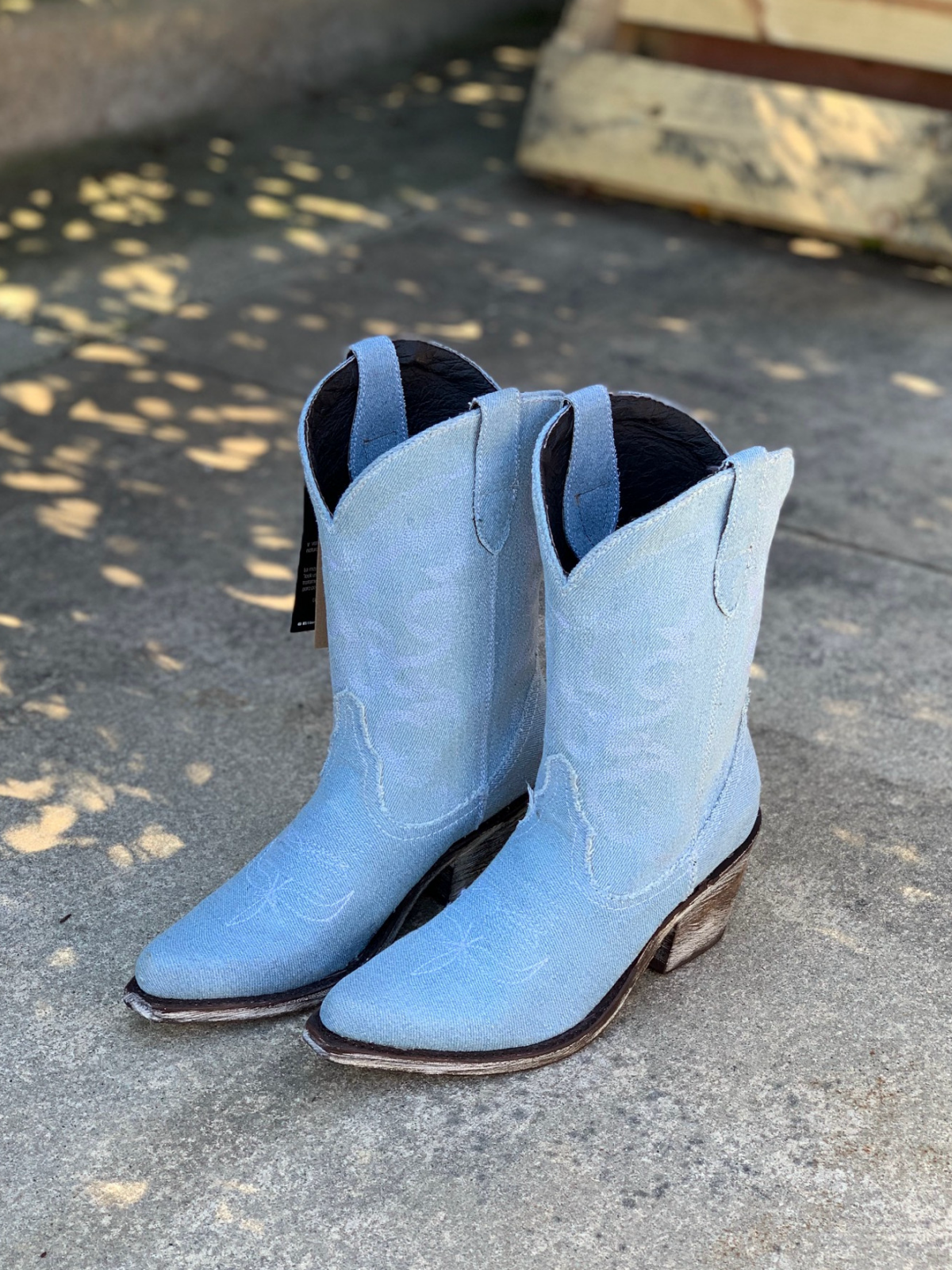 Blue Denim Snip-Toe Embroidery Wide Mid Calf Cowgirl Boots