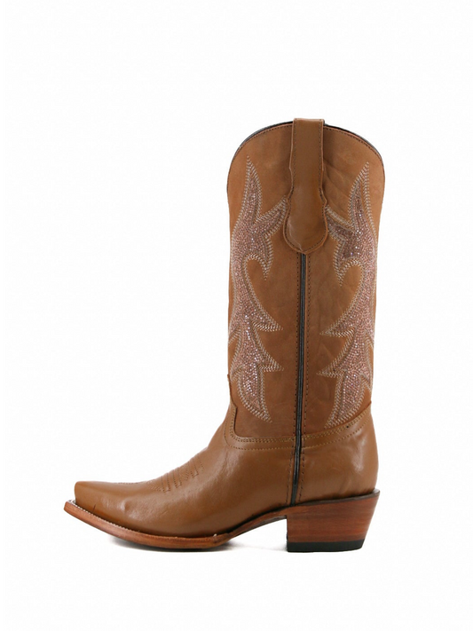 Brown Snip-Toe Small Rhinestone Wide Mid Calf Cowgirl Boots