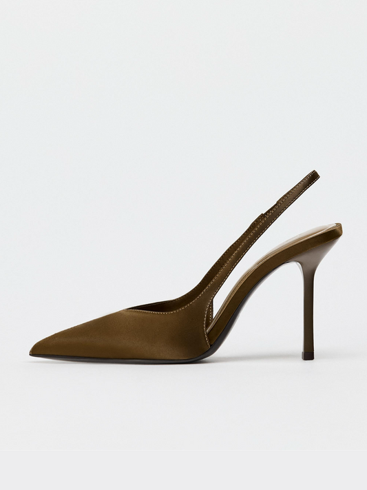 Khaki Green Satin Pointed-Toe Slingback Pump High Heels