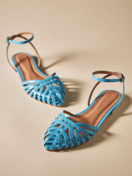 Blue Strappy Flats Pointy Closed Toe Sandals With Wrap Ankle Strap