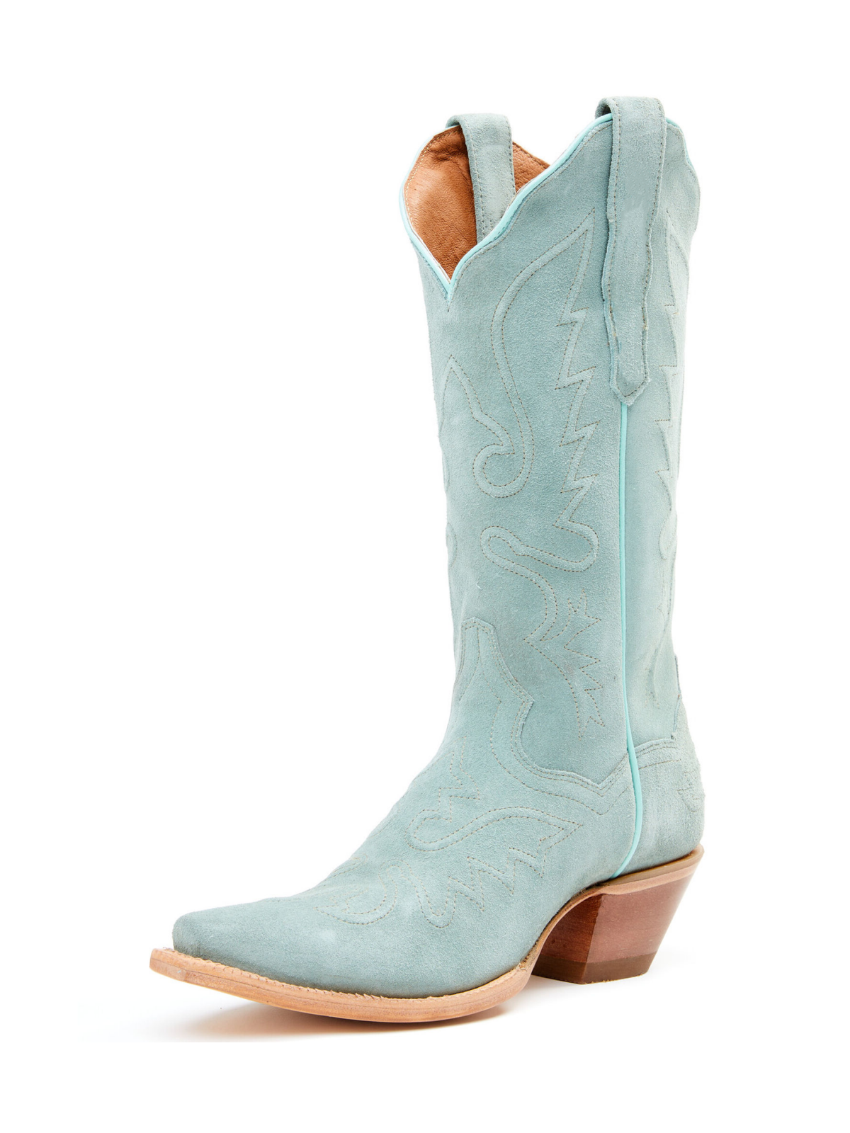 Light Green Faux Suede Embroidery Snip-Toe Tall Wide Mid Calf Western Boots For Women