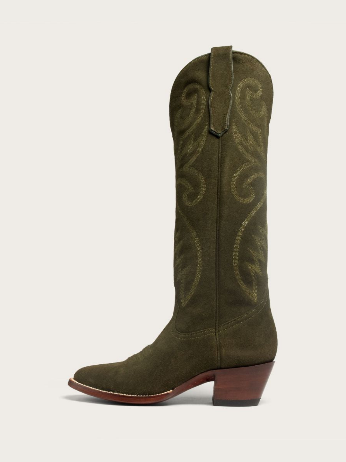 Green Faux Suede Embroidery Almond-Toe Wide Mid Calf Tall Cowgirl Boots