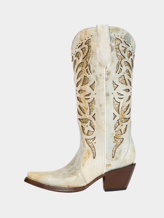 Distressed Ivory Snip-Toe Studded Embroidery Glitter Inlay Wide Mid Calf Tall Cowgirl Boots