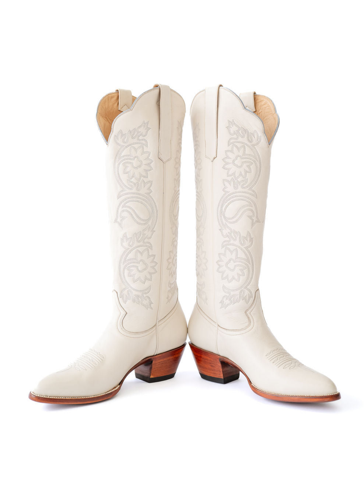 White Floral Embroidery Almond-Toe Wide Calf Cowgirl Boots Knee High Tall Boots