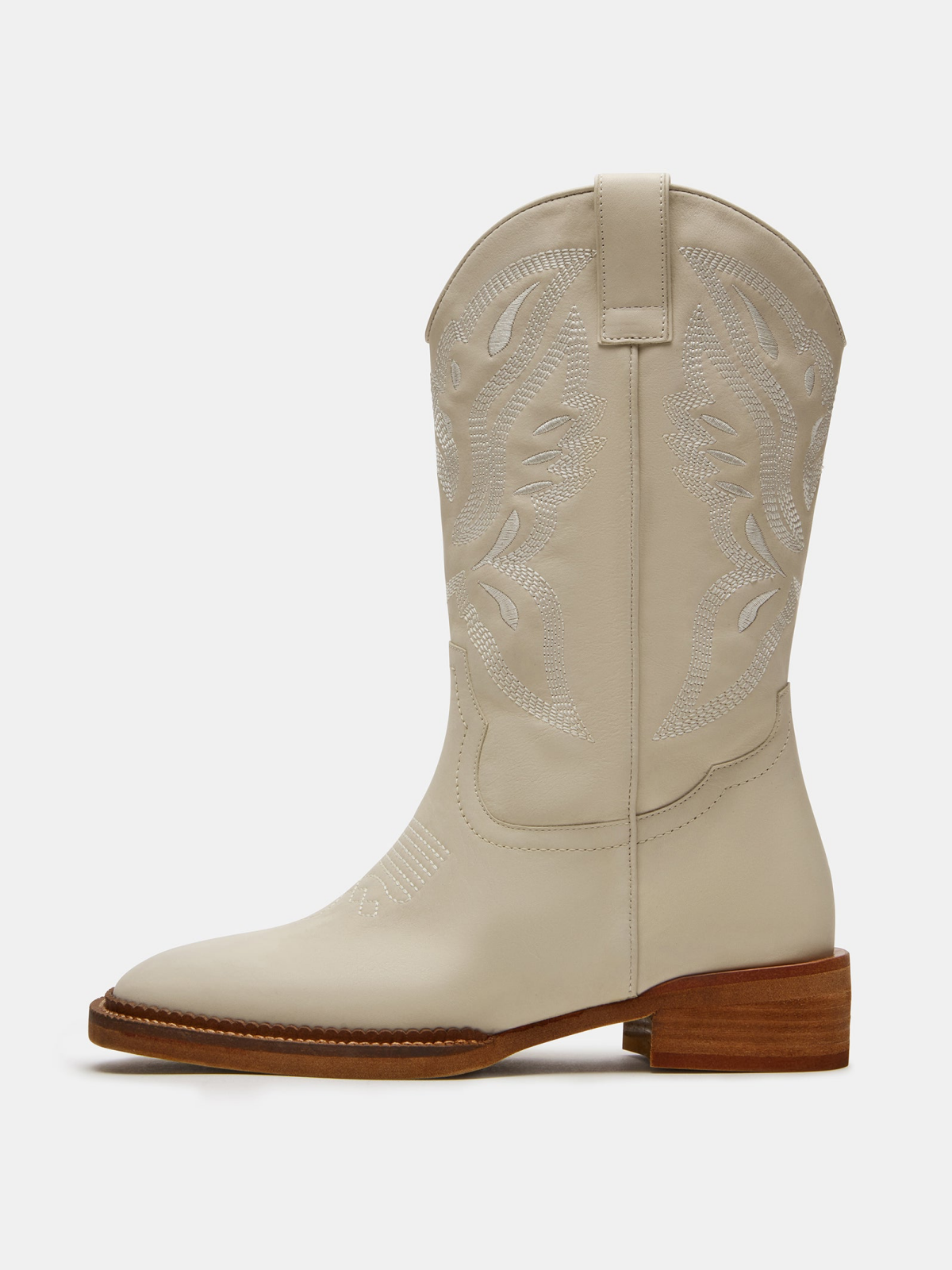 Bone Square-Toe Classic Embroidery Wide Mid Calf Cowgirl Boots