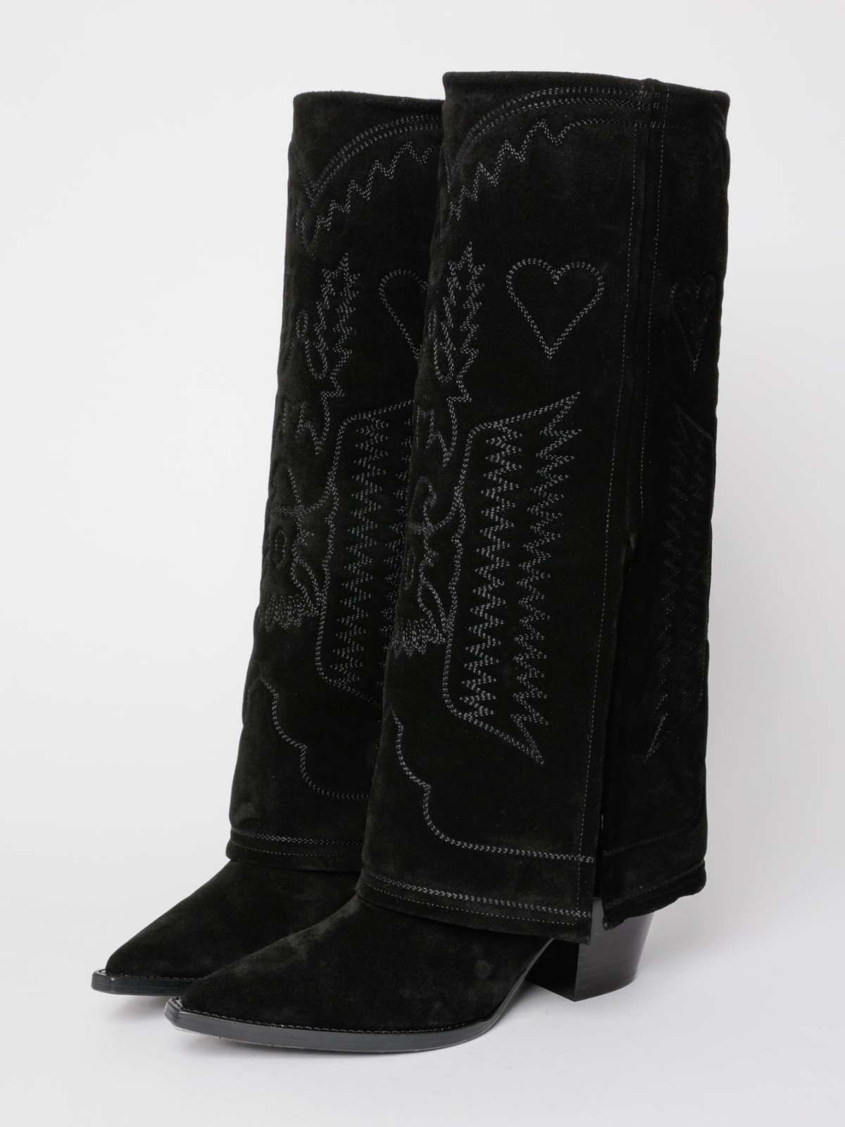 Fold-Over Panel Eagle And Heart Embroidery Snip-Toe Wide Mid Calf Boots - Black Faux Suede