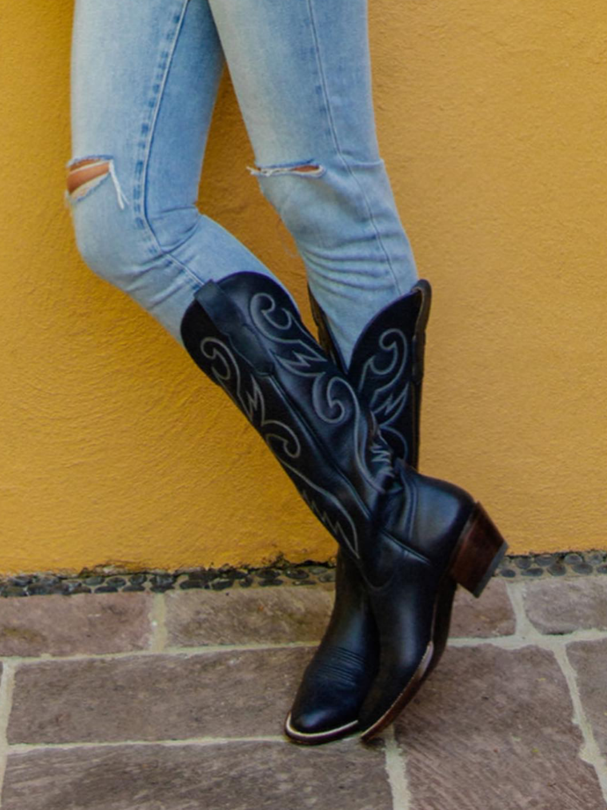 Navy Blue Embroidery Almond-Toe Wide Mid Calf Tall Cowgirl Boots