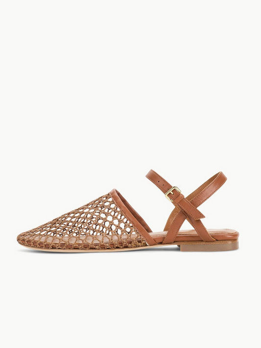 Brown Netting Square Toe Flats Sandals With Ankle Strap