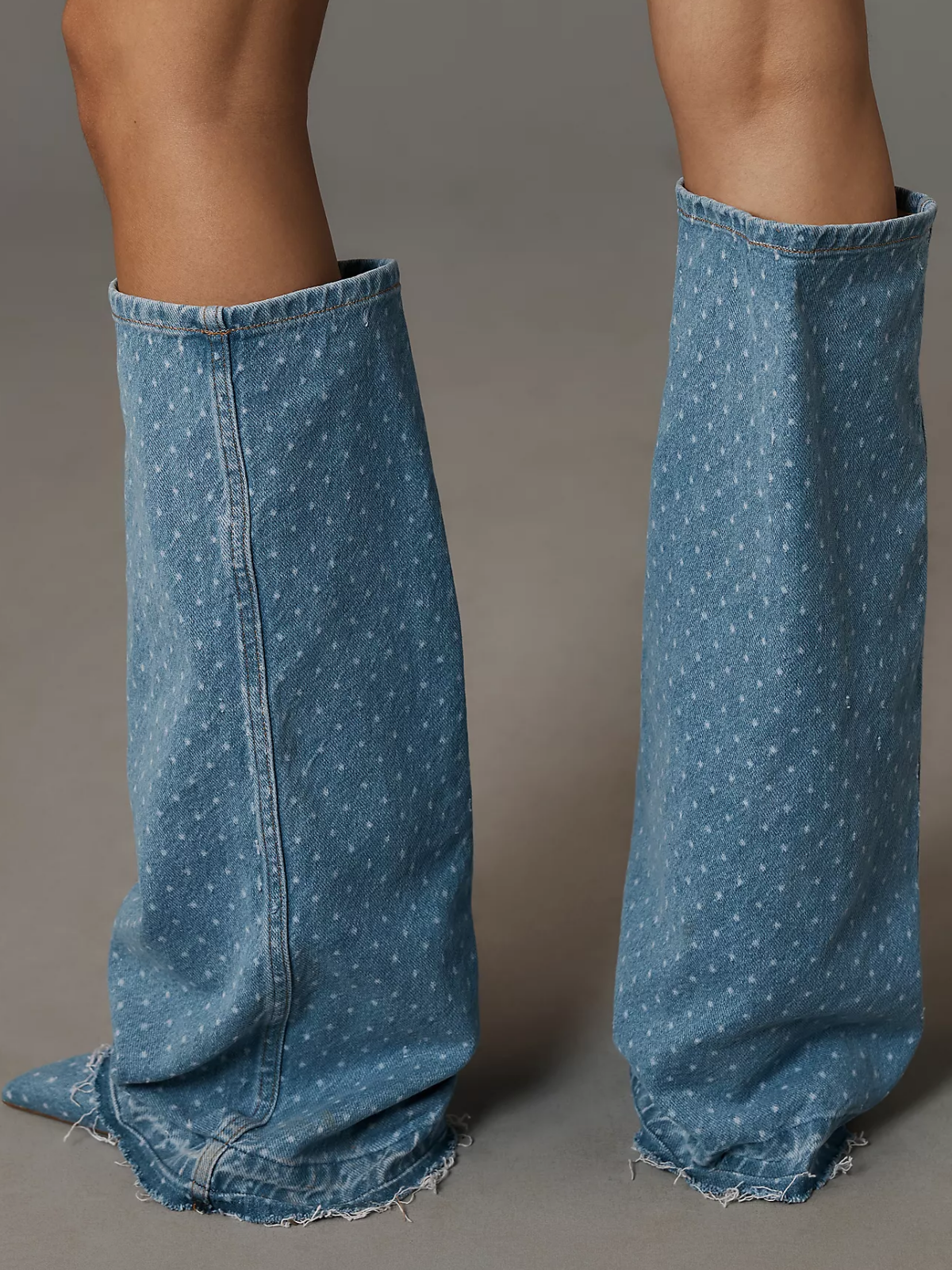 Blue Denim Pointed-Toe Fold-Over Wide Mid Calf Boots