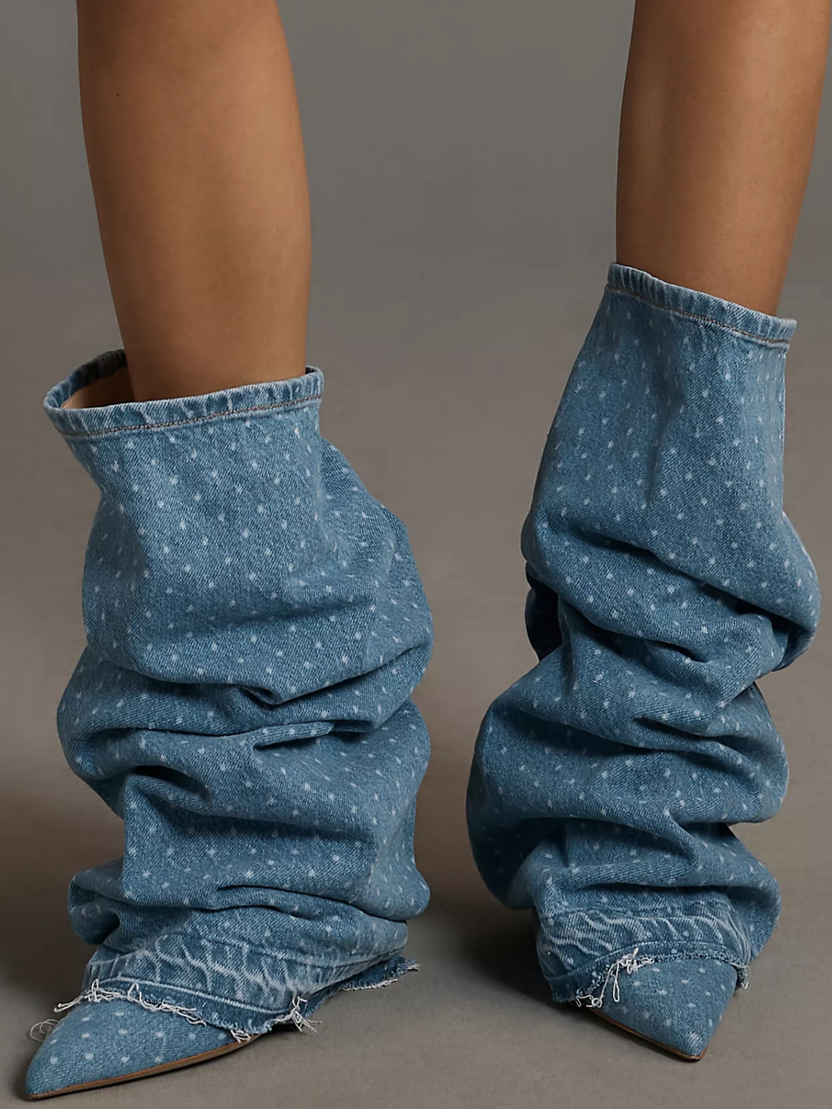 Blue Denim Pointed-Toe Fold-Over Wide Mid Calf Boots