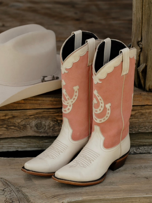 Contrast Ivory And Pink Faux Suede Snip-Toe Applique Wide Mid Calf Tall Cowgirl Boots