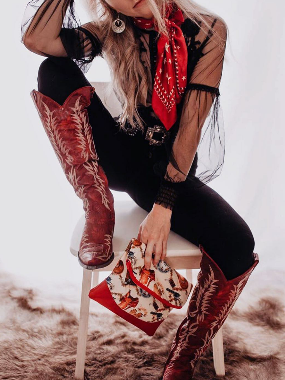 Embroidery Half-Zip Snip-Toe Tall Knee High Cowgirl Boots - Red