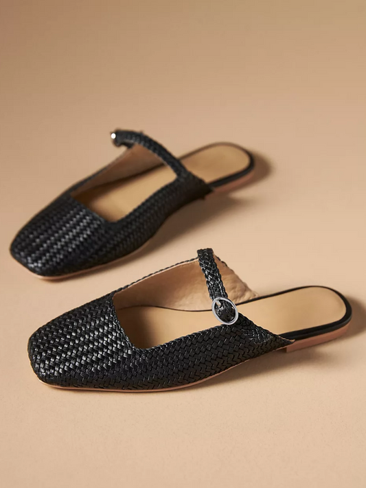 Black Woven Square-Toe Mary Janes Flat Slides Mules With Buckled Strap