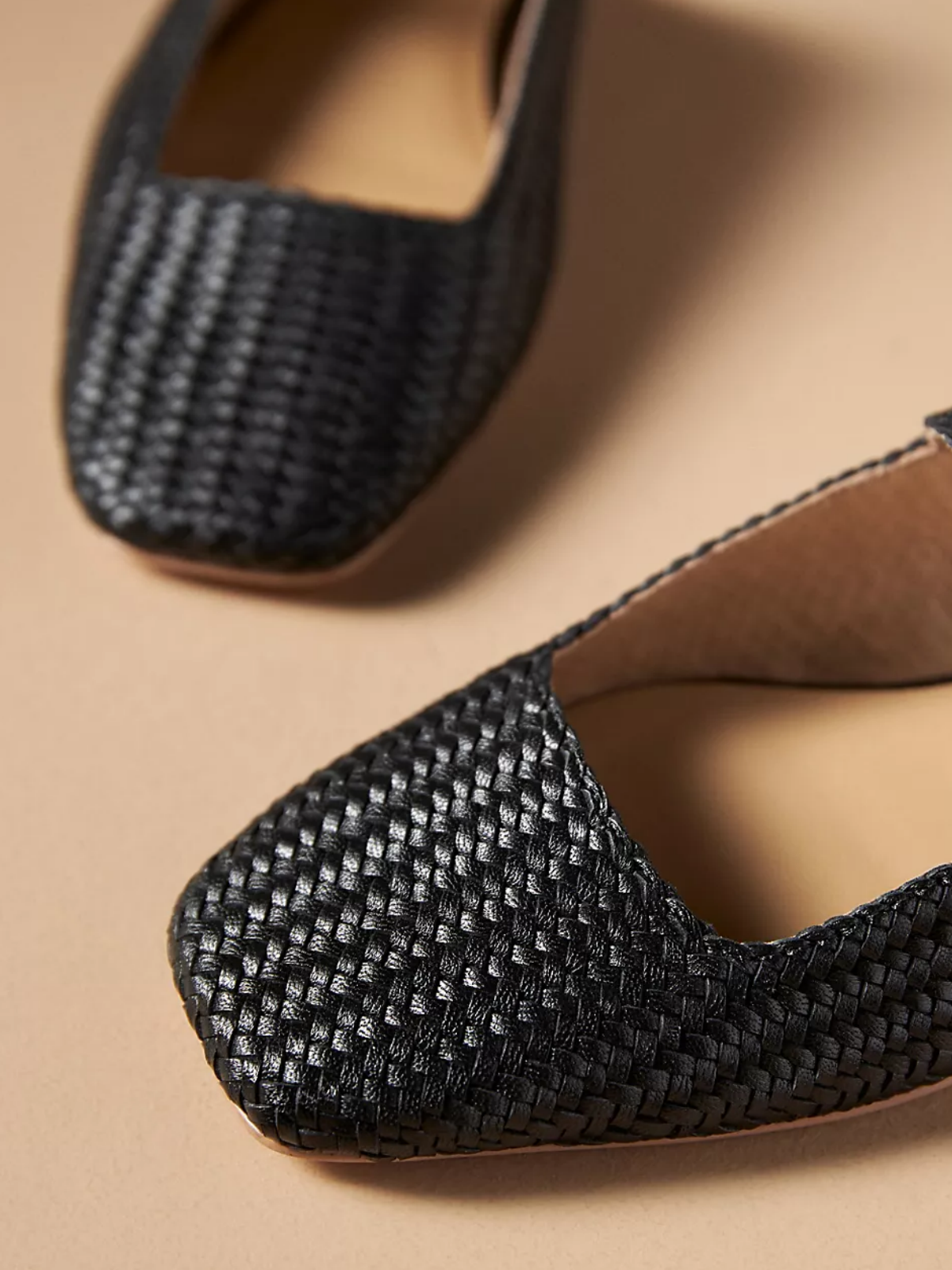 Black Woven Square-Toe Mary Janes Flat Slides Mules With Buckled Strap