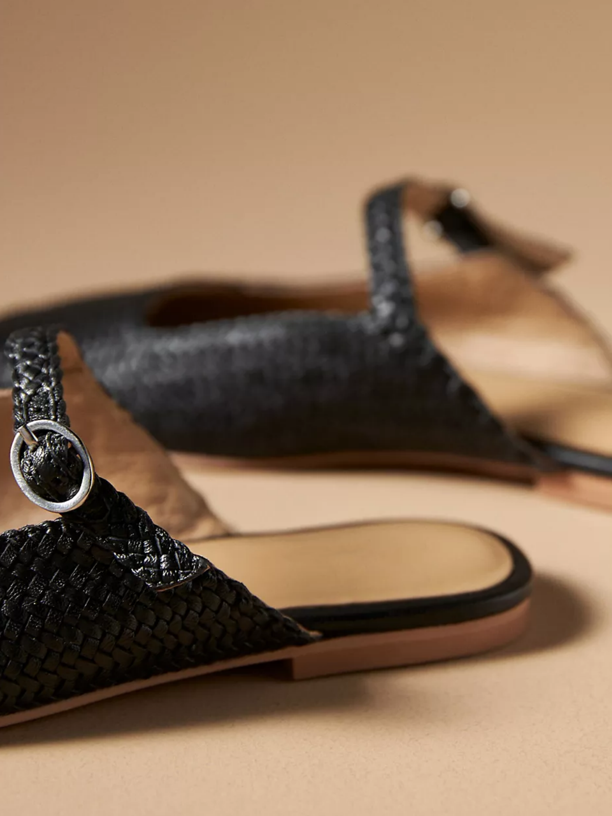 Black Woven Square-Toe Mary Janes Flat Slides Mules With Buckled Strap