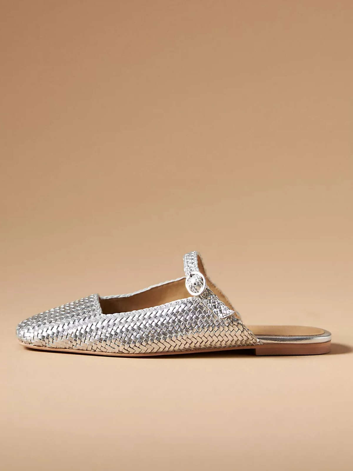 Metallic Silver Woven Square-Toe Mary Janes Flat Slides Mules With Buckled Strap