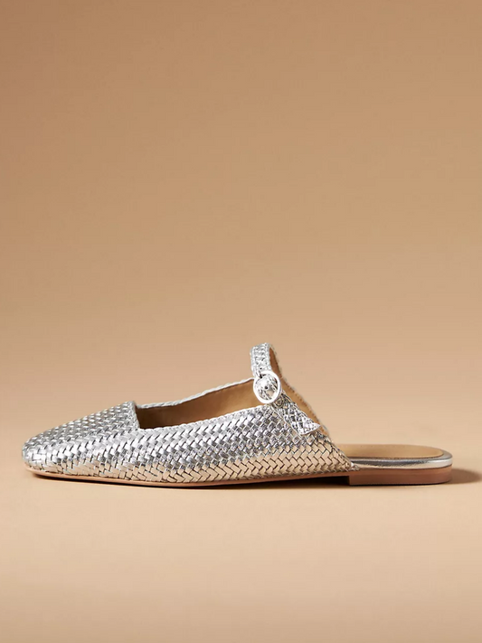 Metallic Silver Woven Square-Toe Mary Janes Flat Slides Mules With Buckled Strap