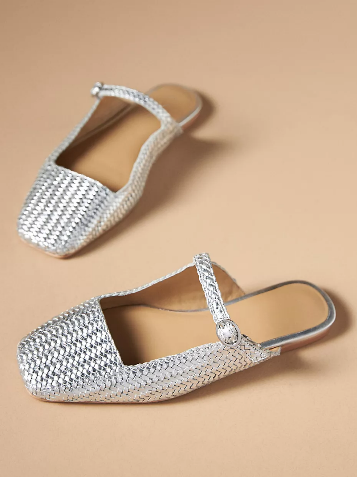 Metallic Silver Woven Square-Toe Mary Janes Flat Slides Mules With Buckled Strap