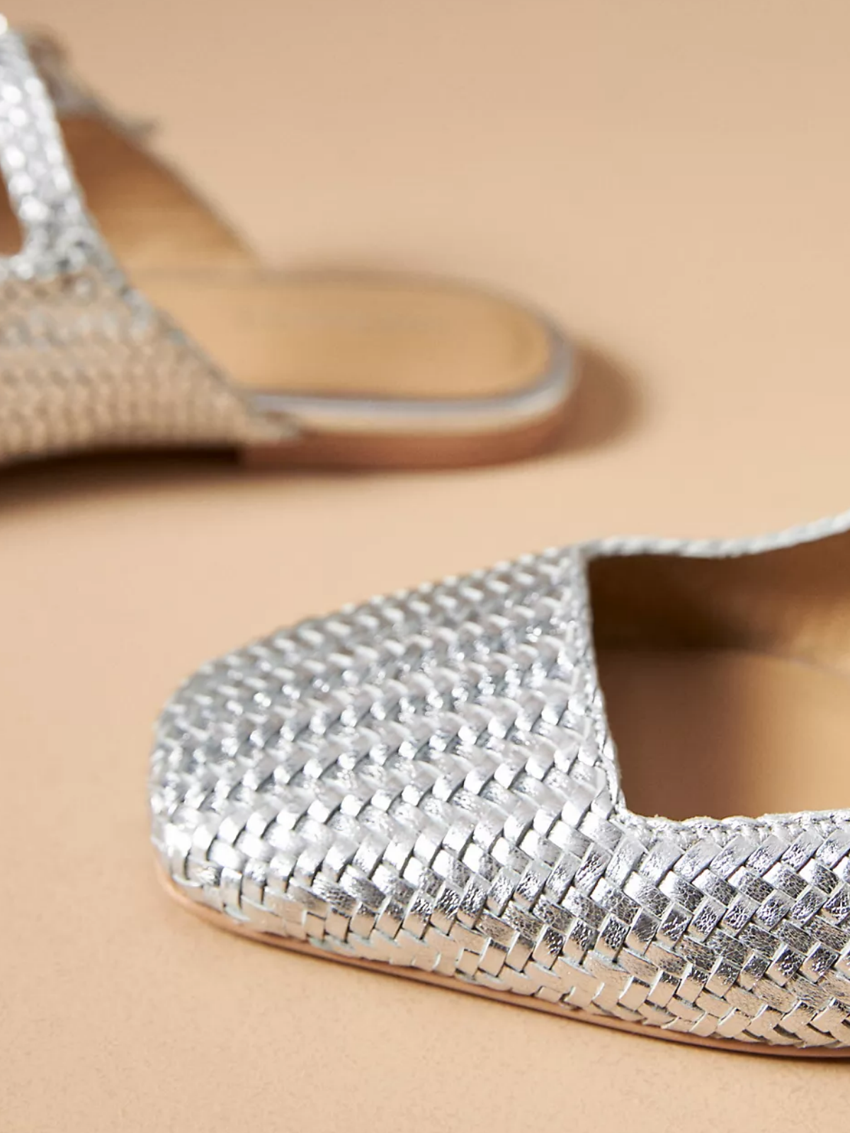 Metallic Silver Woven Square-Toe Mary Janes Flat Slides Mules With Buckled Strap