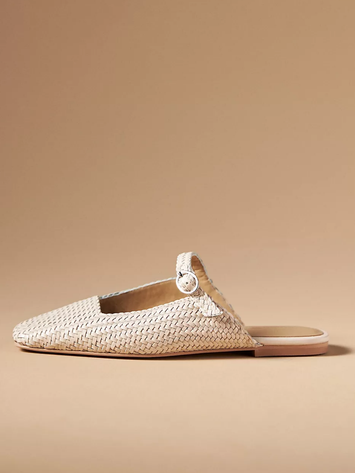 Cream Woven Square-Toe Mary Janes Flat Slides Mules With Buckled Strap