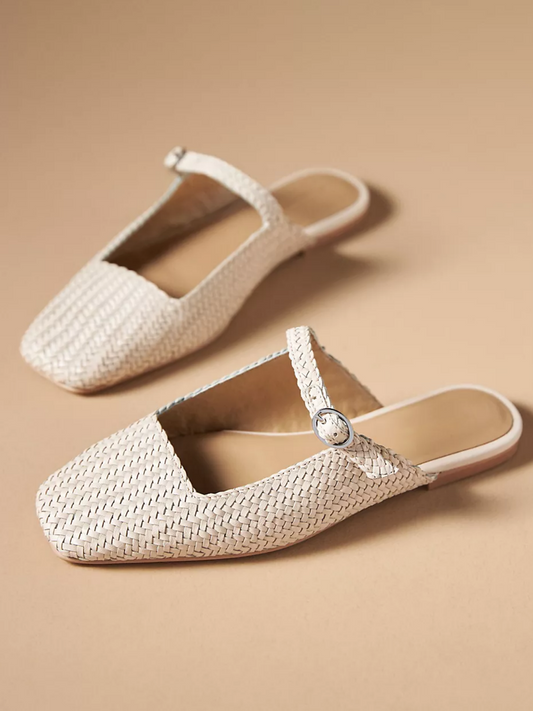 Cream Woven Square-Toe Mary Janes Flat Slides Mules With Buckled Strap