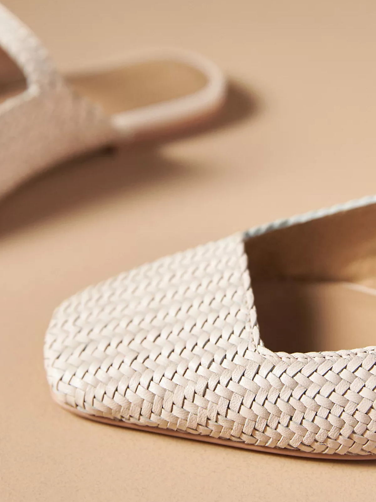 Cream Woven Square-Toe Mary Janes Flat Slides Mules With Buckled Strap