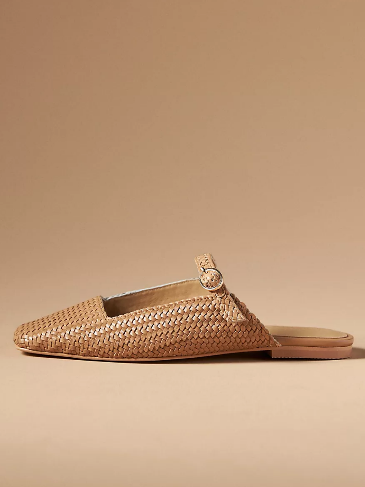 Tan Woven Square-Toe Mary Janes Flat Slides Mules With Buckled Strap