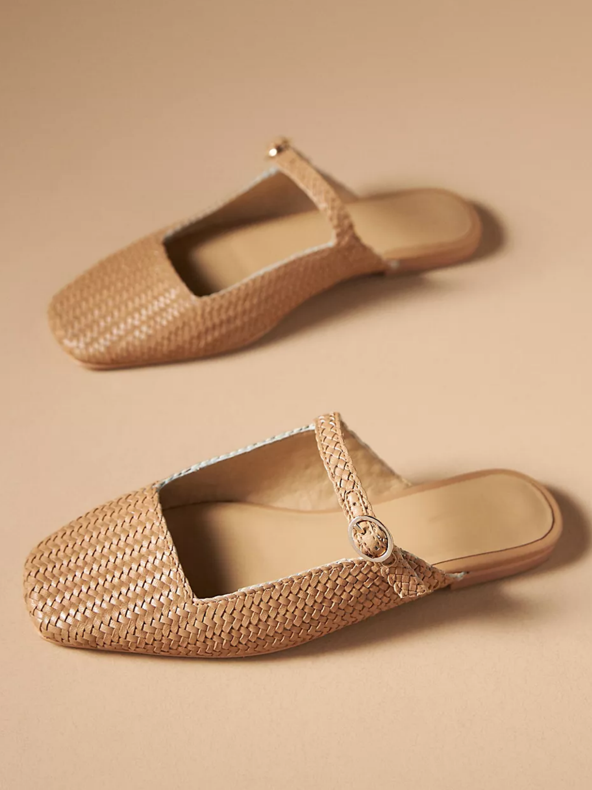 Tan Woven Square-Toe Mary Janes Flat Slides Mules With Buckled Strap