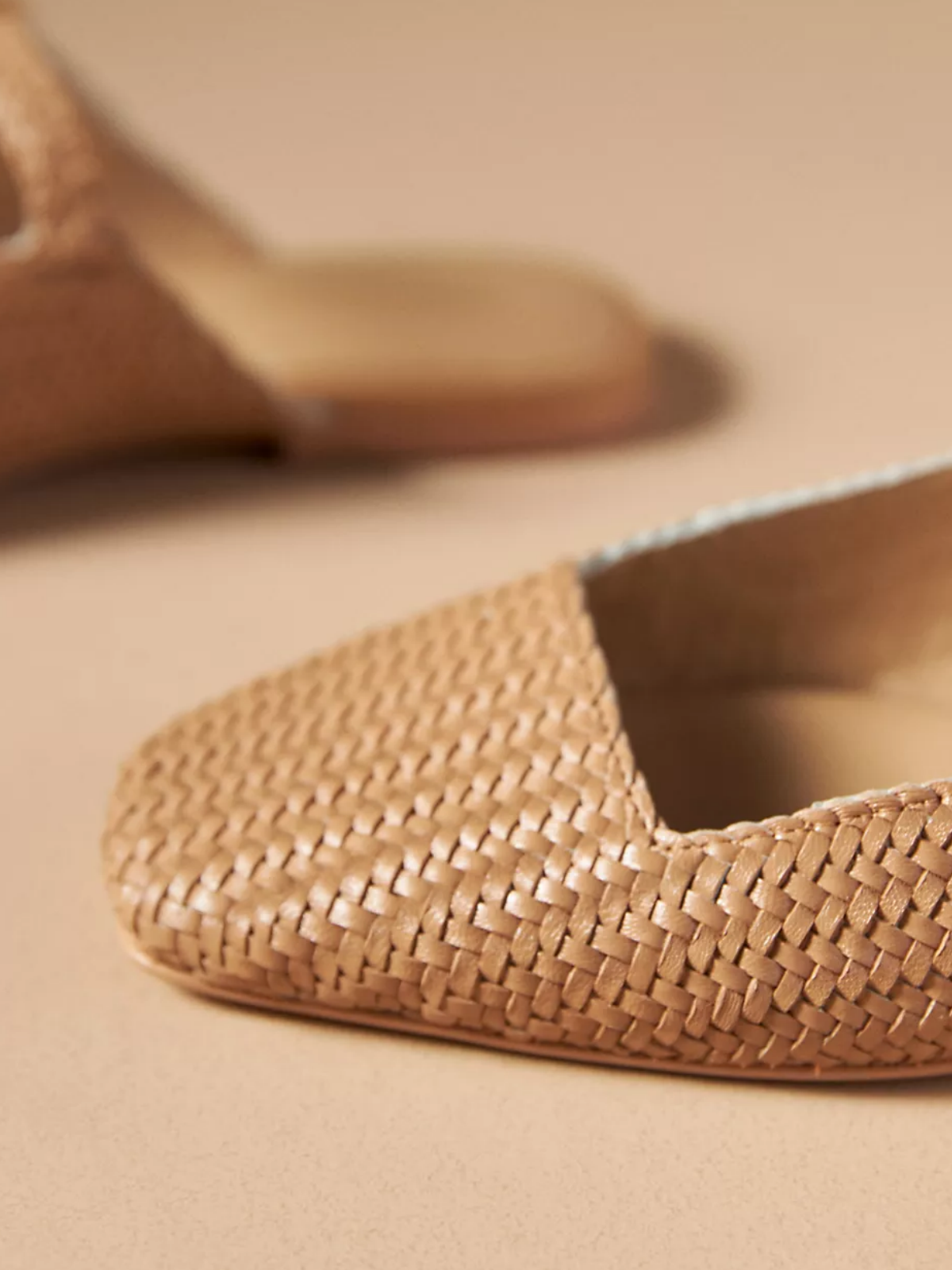 Tan Woven Square-Toe Mary Janes Flat Slides Mules With Buckled Strap