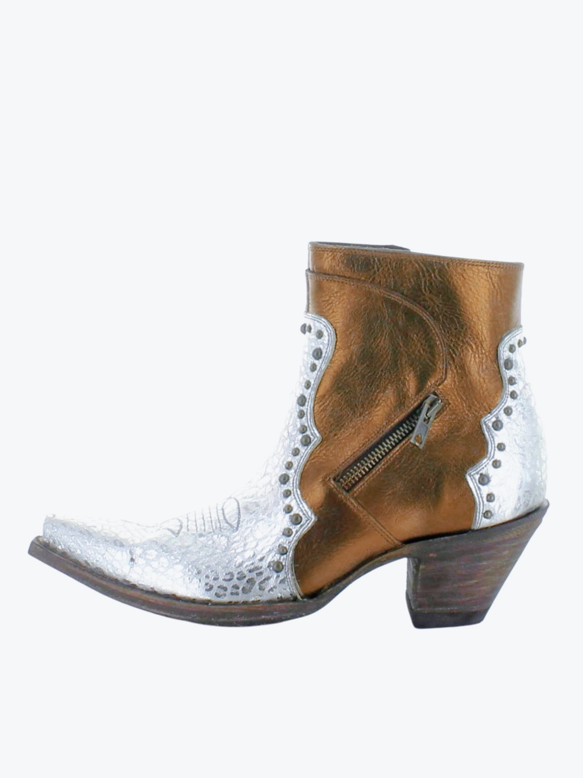 Metallic Contrast Bronze And Cheetah Print Silver Snip-Toe Studded Full-Zip Ankle Booties