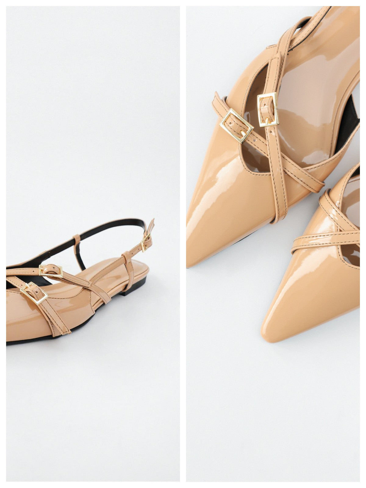 Nude Patent Buckle Detailed Pointy-Toe Ballet Flats Slingbacks