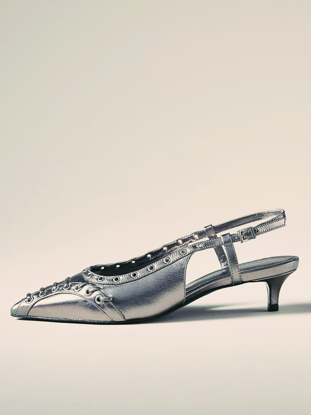 Metallic Silver Strappy Eyelet Pointy Kitten Heels Slingback Pumps