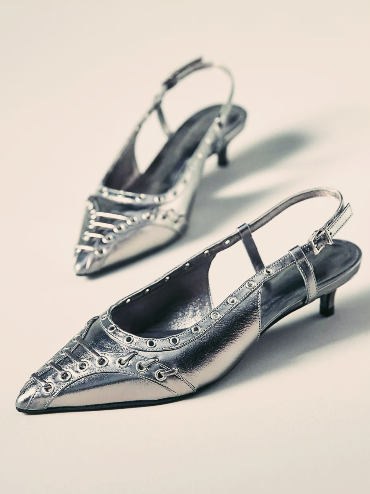 Metallic Silver Strappy Eyelet Pointy Kitten Heels Slingback Pumps