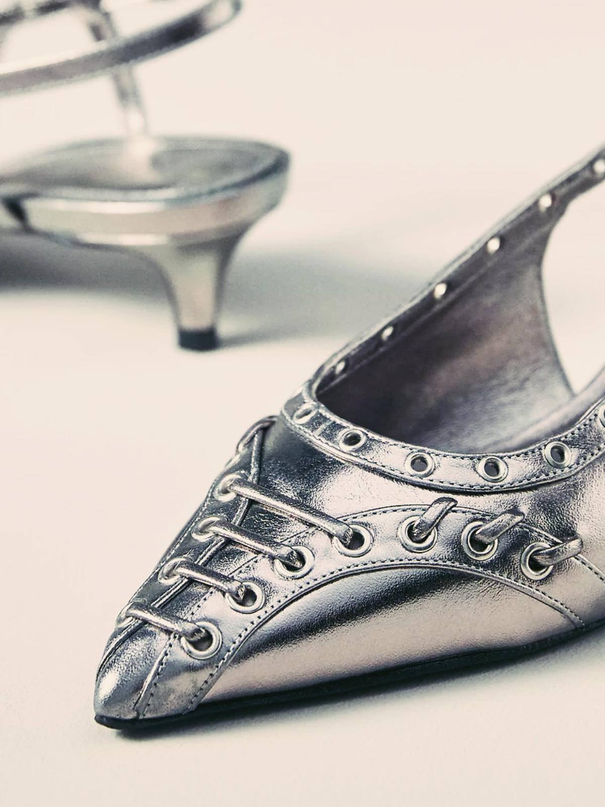 Metallic Silver Strappy Eyelet Pointy Kitten Heels Slingback Pumps